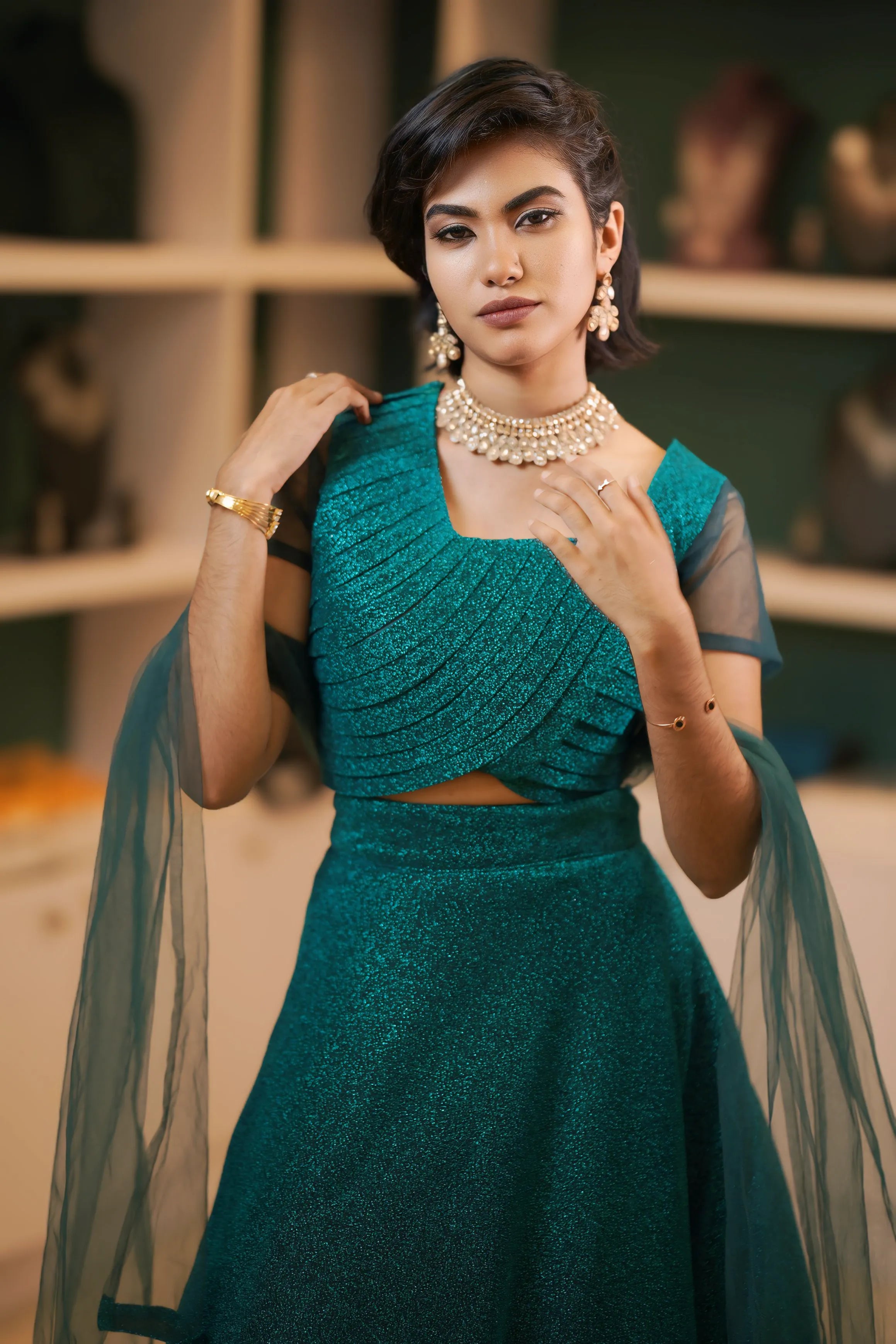 Teal Green Shimmer Crop Top Lehenga