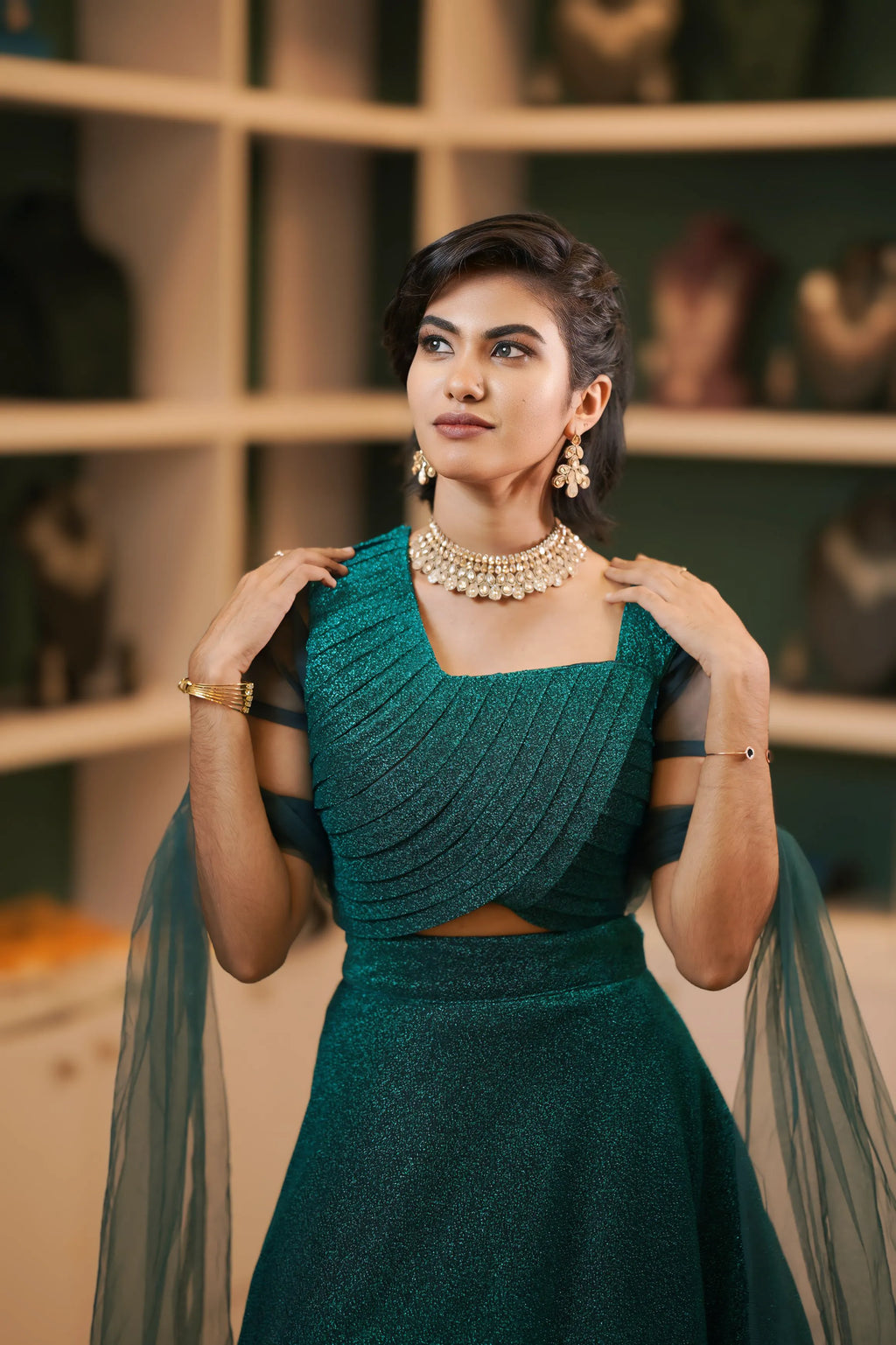 Teal Green Shimmer Crop Top Lehenga