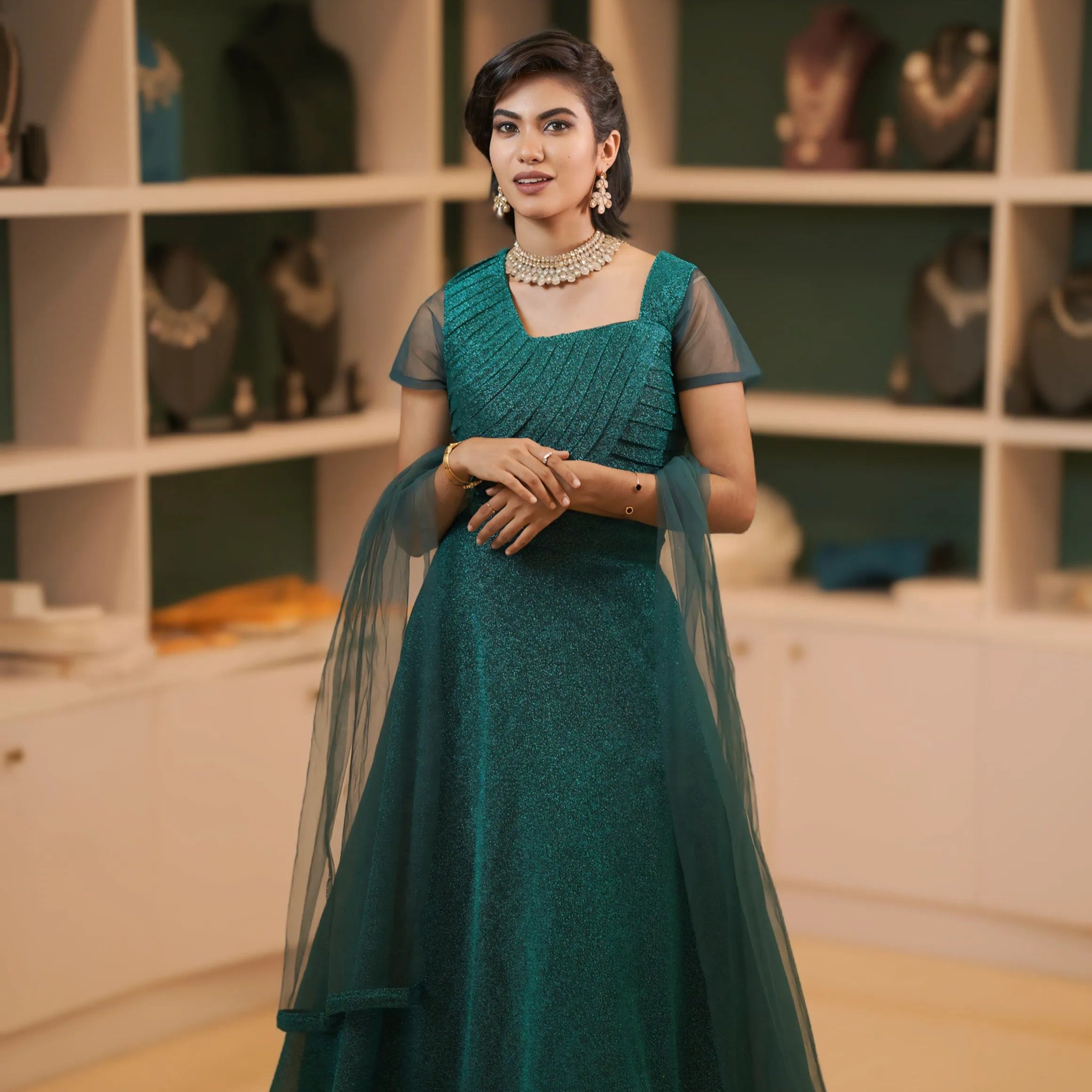 Teal Green Shimmer Crop Top Lehenga