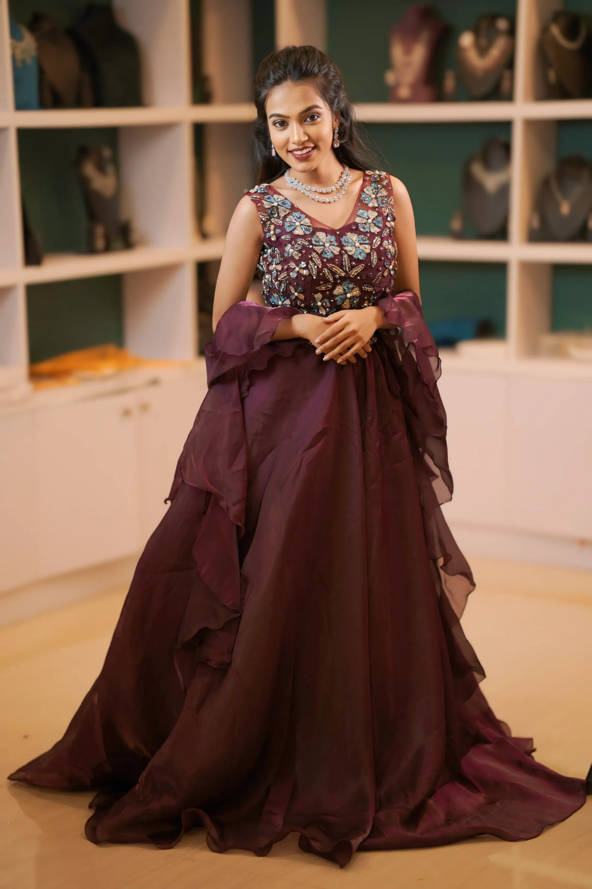 women wearing Wine Maroon Crop Top with jewelry in neck