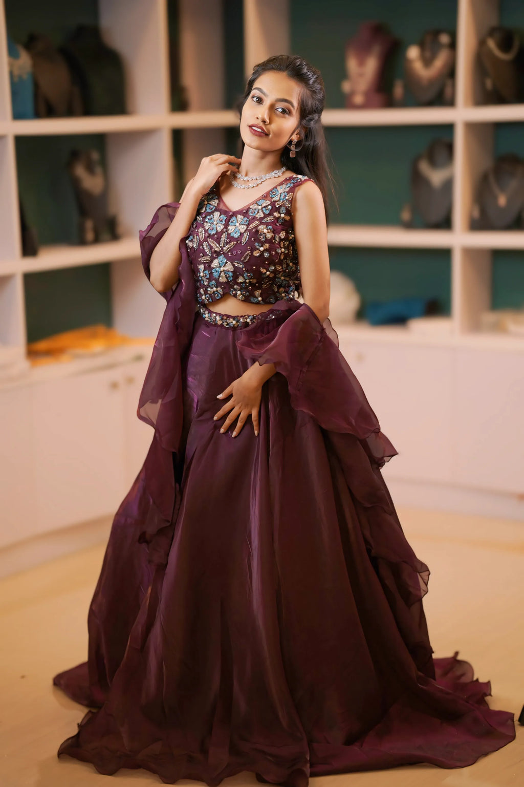 women wearing Wine Maroon Crop Top with jewelry in neck