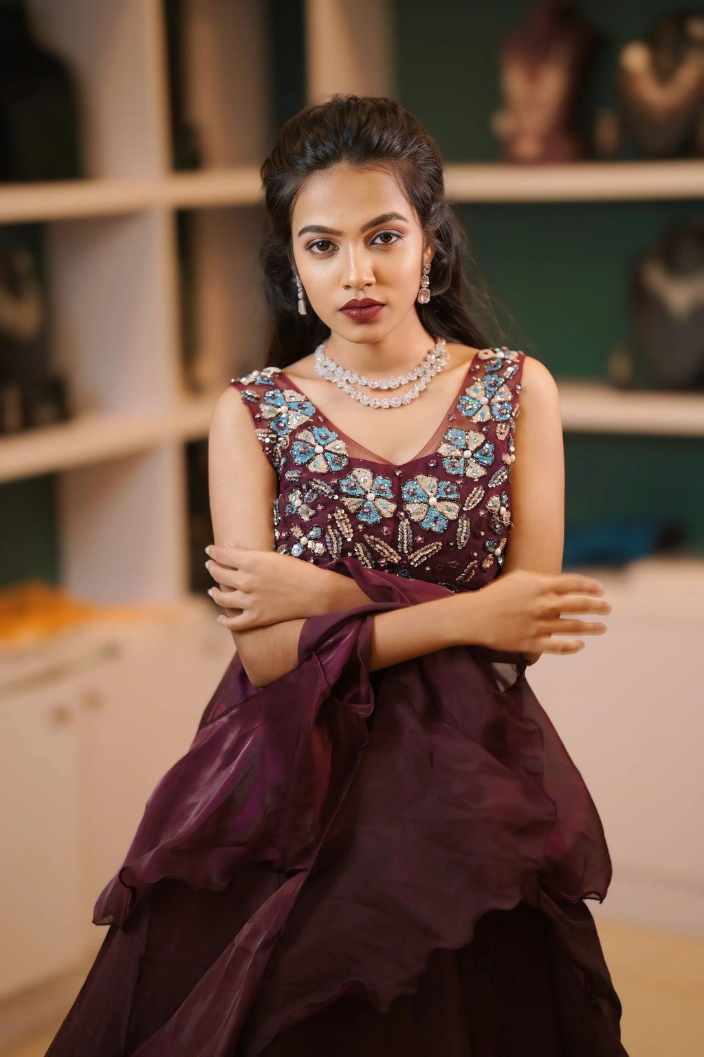women wearing Wine Maroon Crop Top with jewelry in neck