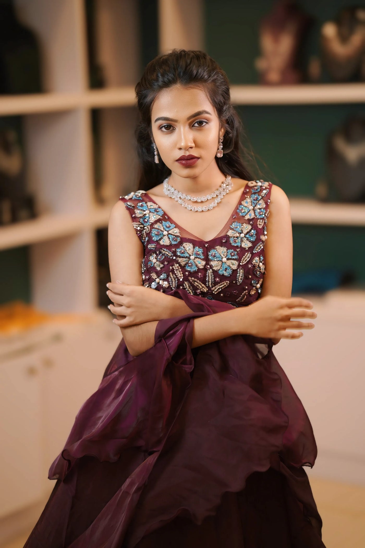 Wine Maroon Embroidered Crop Top