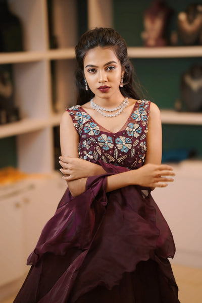 Wine Maroon Embroidered Crop Top