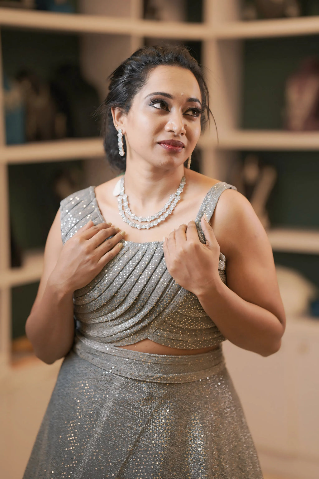 women showing Silver Grey  Crop Top with silver jewelry