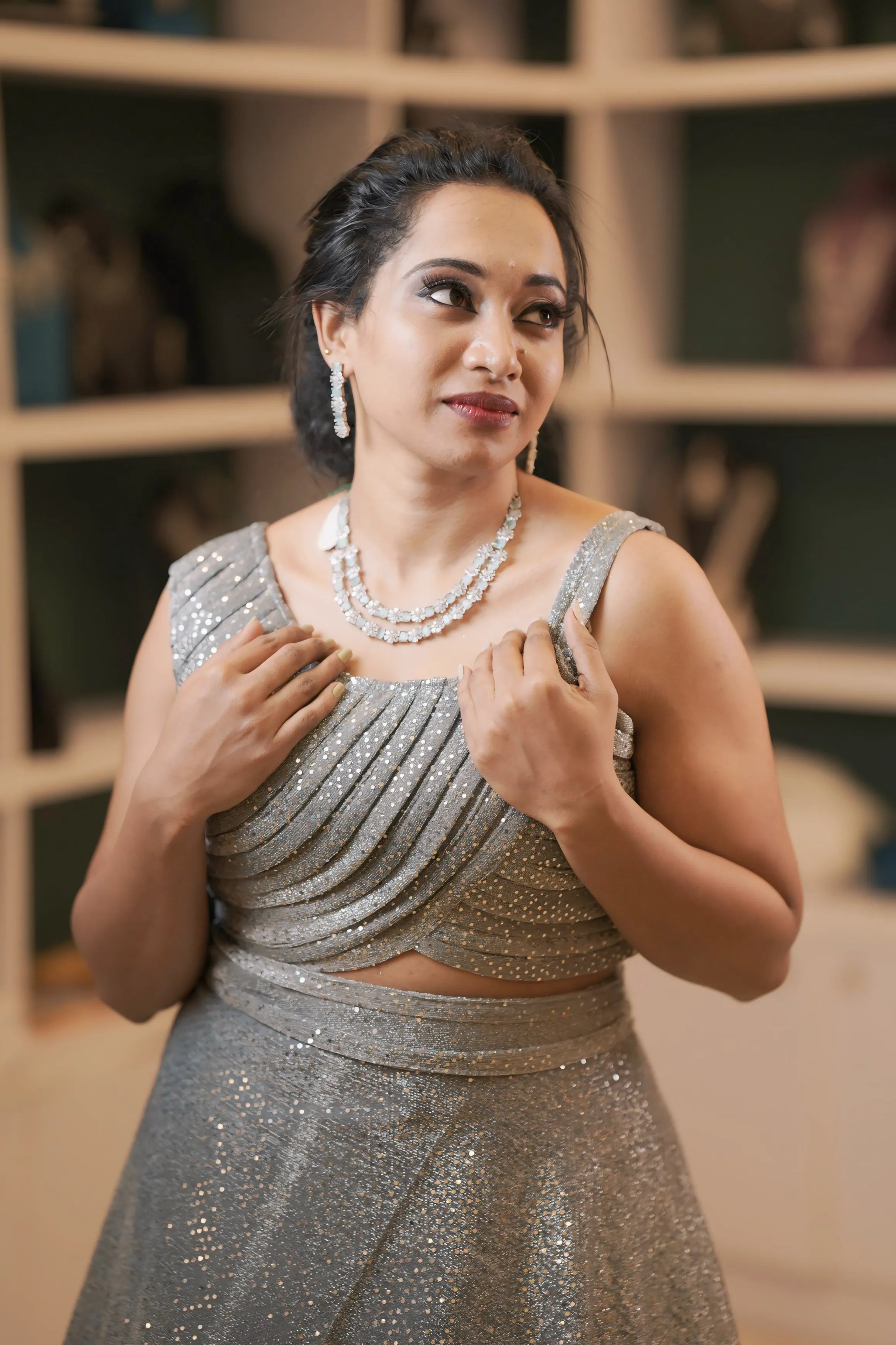 women showing Silver Grey  Crop Top with silver jewelry