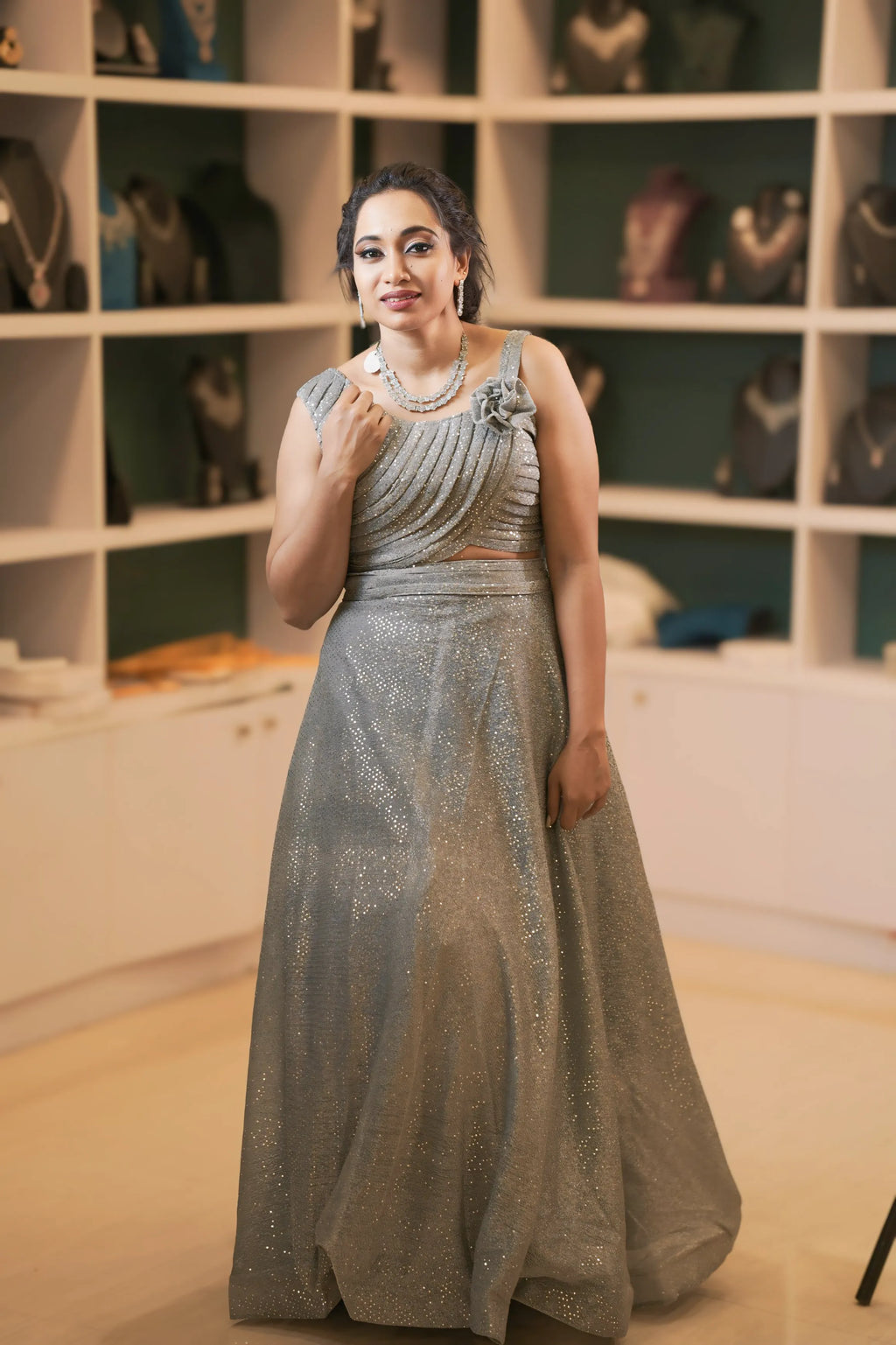 women showing Silver Grey  Crop Top with silver jewelry