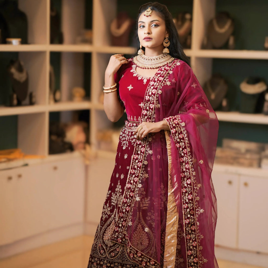 Maroon Embroidered Lehenga