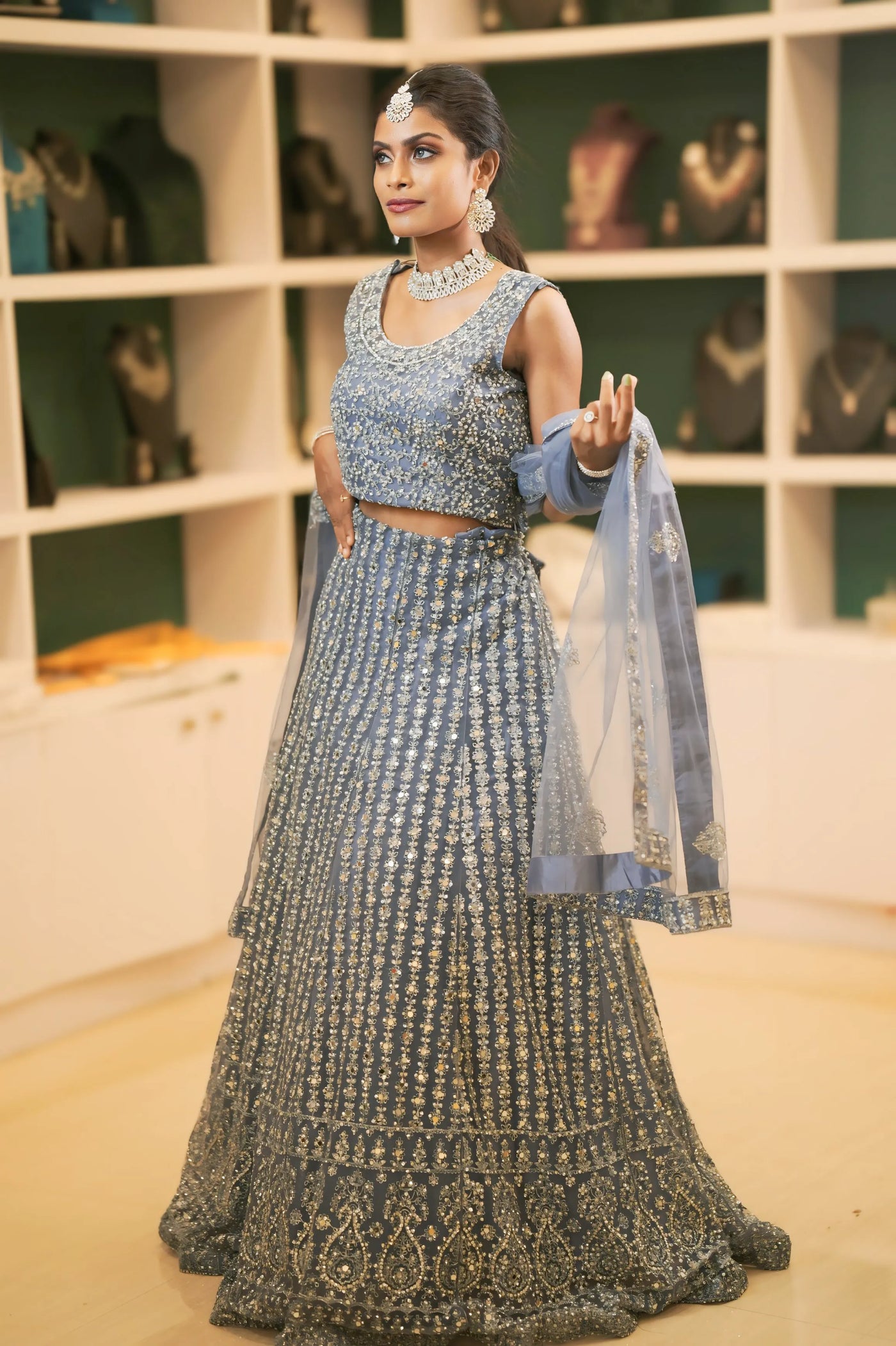 Dusty Blue Heavy Embroidered Lehenga