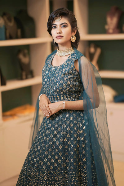 Teal Blue Embroidered Crop Top