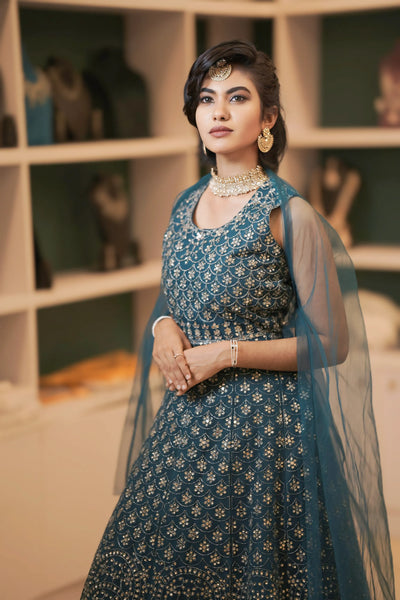 Teal Blue Embroidered Crop Top