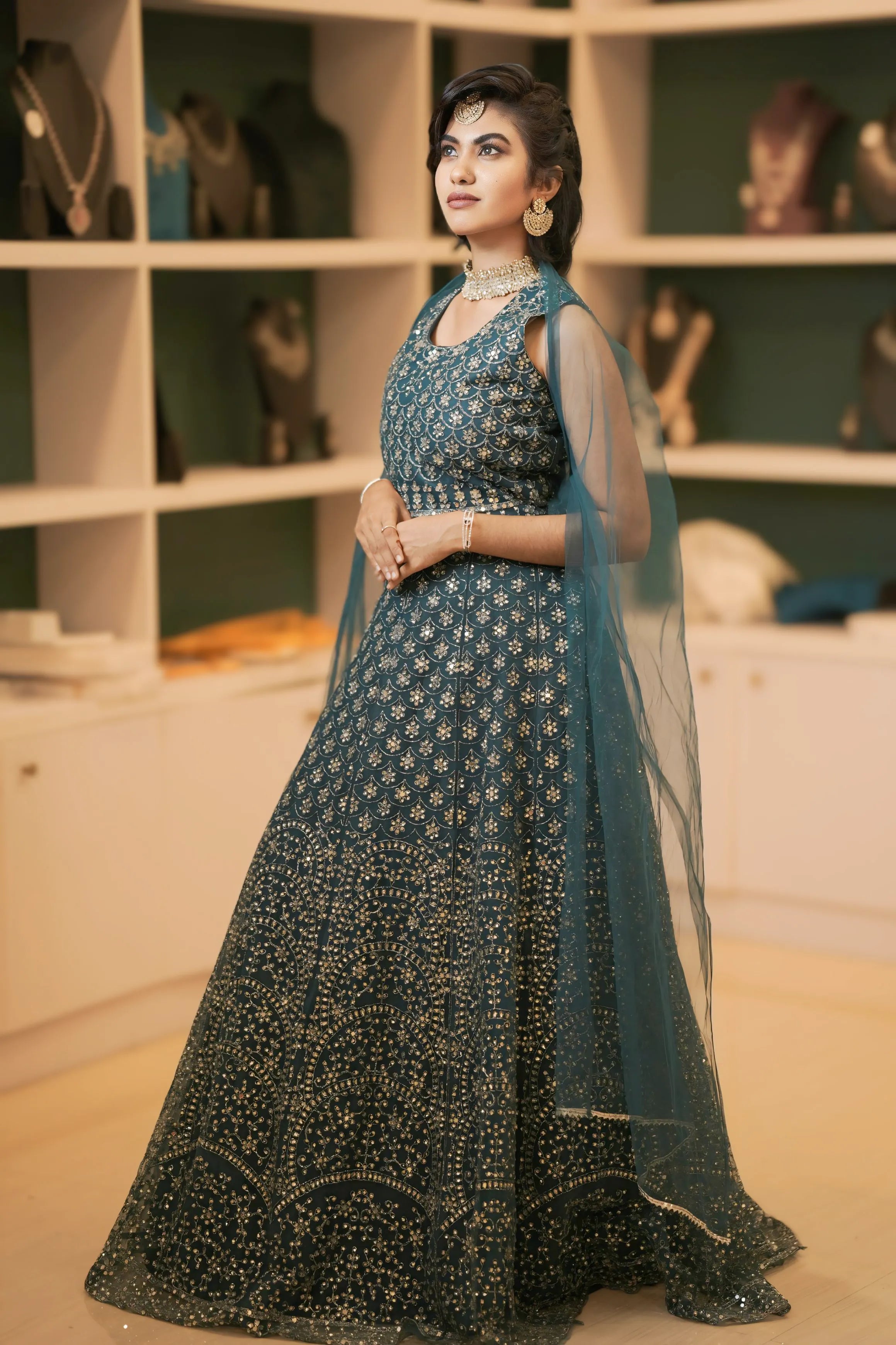 Women Wearing Teal Blue Embroidered Crop Top