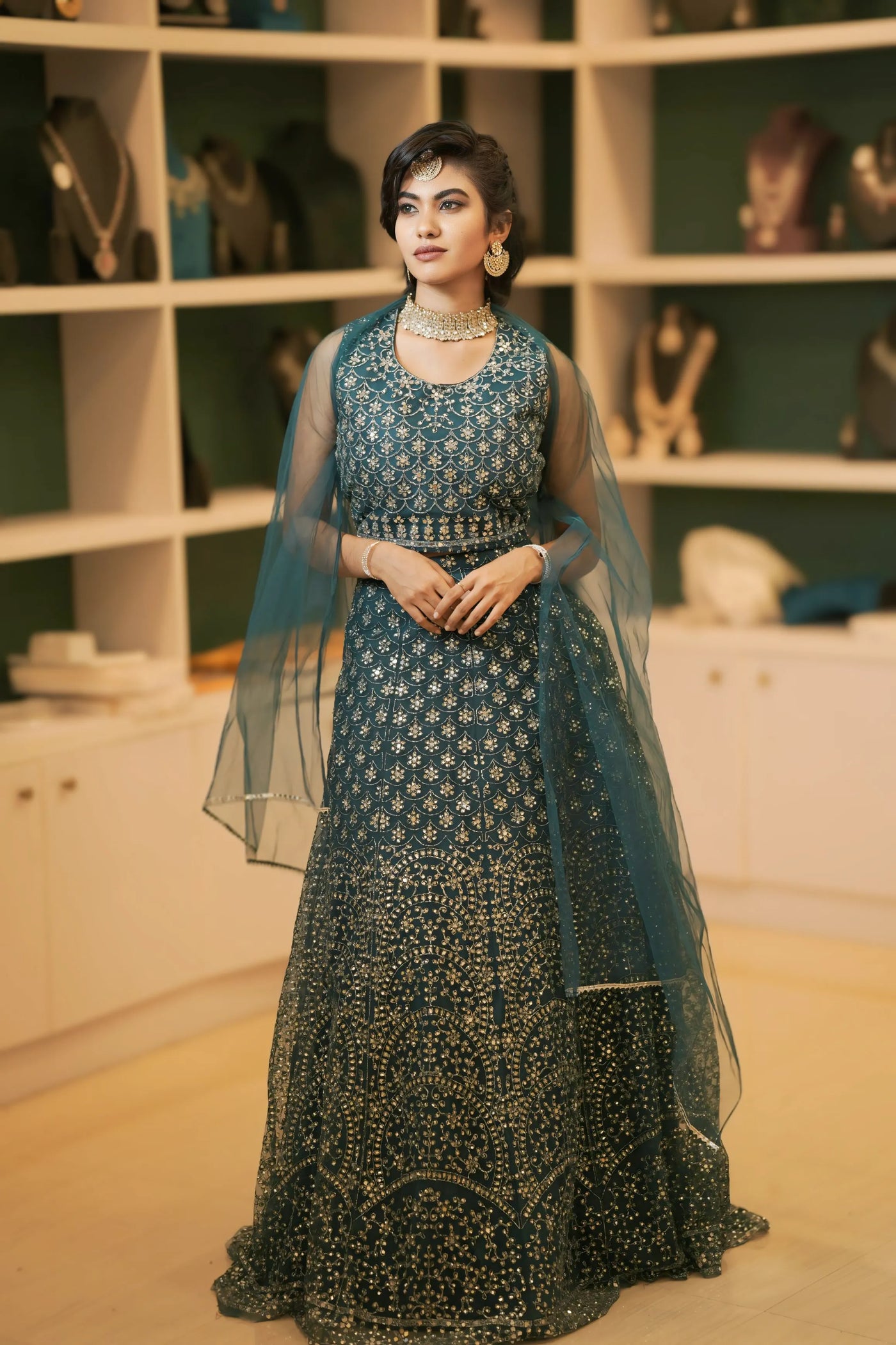 Teal Blue Embroidered Crop Top