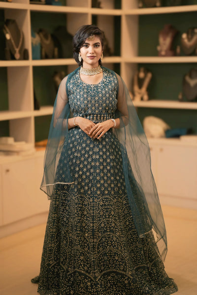 Teal Blue Embroidered Crop Top