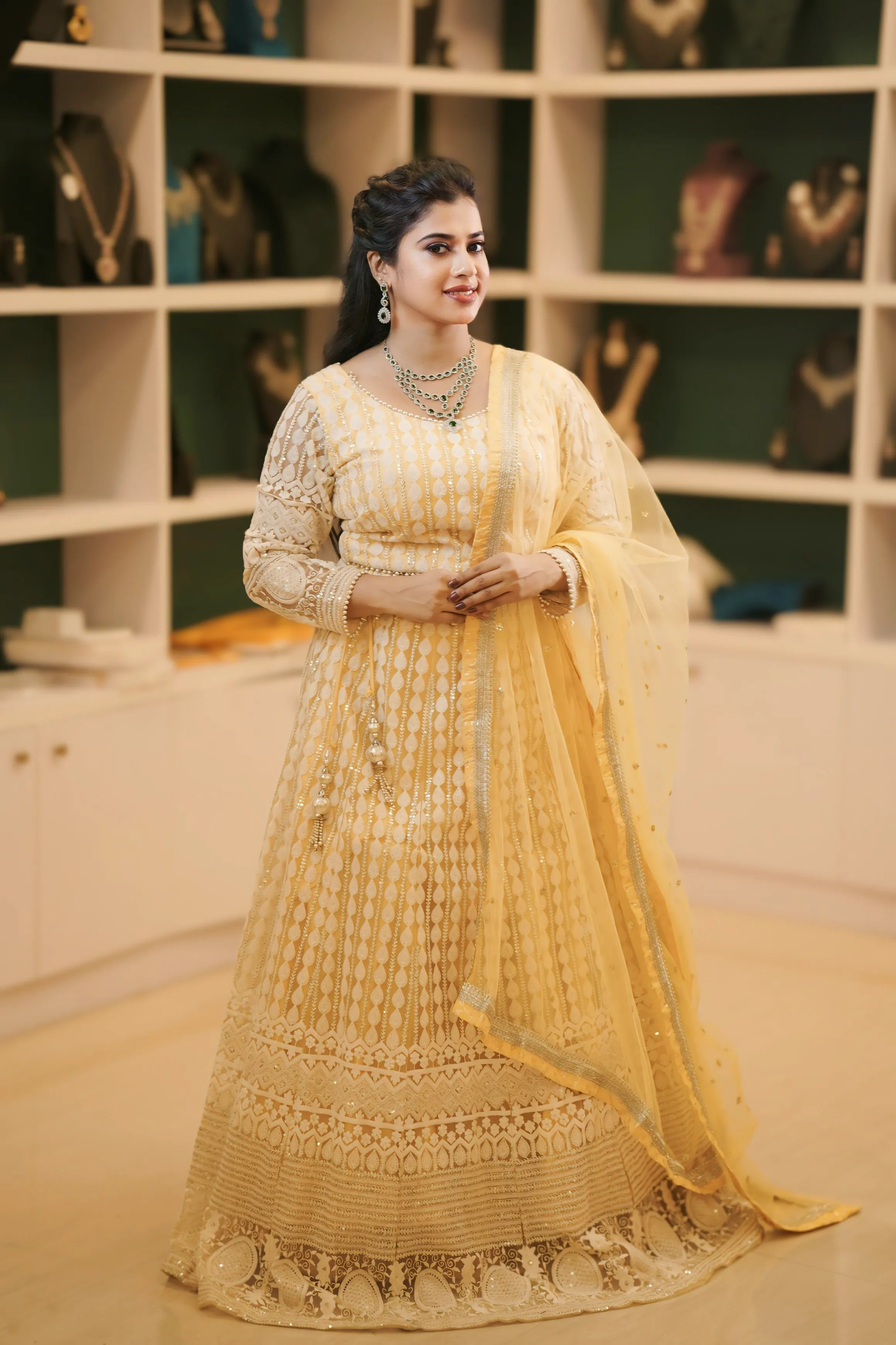 Women wearing Light Yellow Embroidered Lehenga