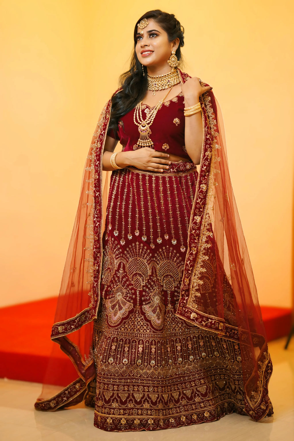 Maroon Velvet Bridal Lehenga