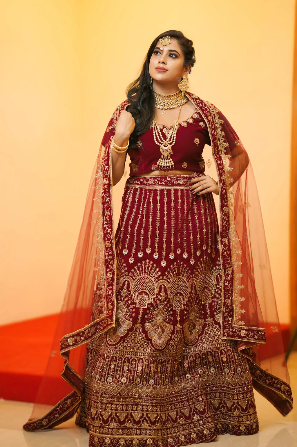 Maroon Velvet Bridal Lehenga