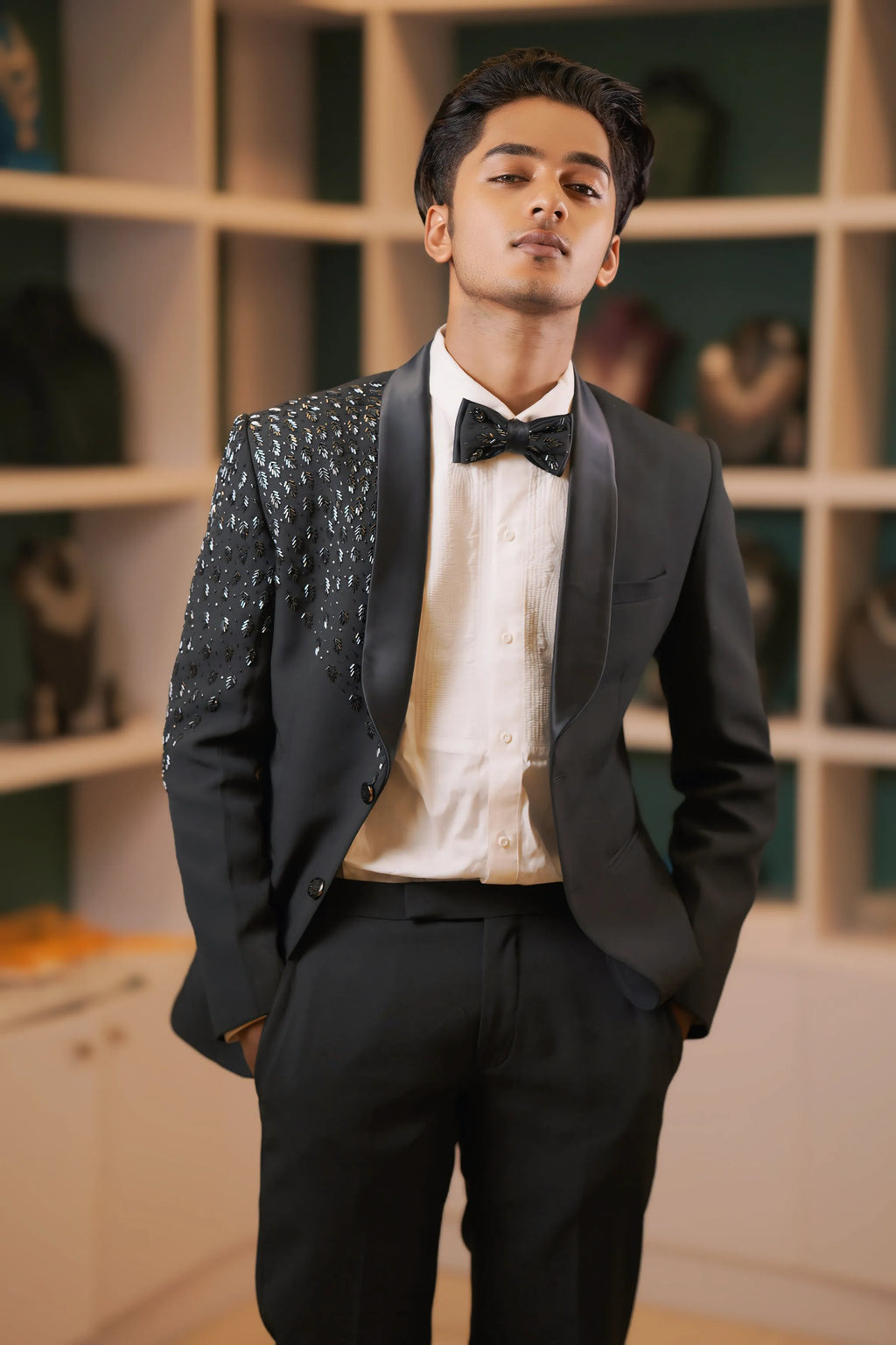 Black Asymmetric Sequin Tuxedo – Groom’s Cocktail & Reception Wear