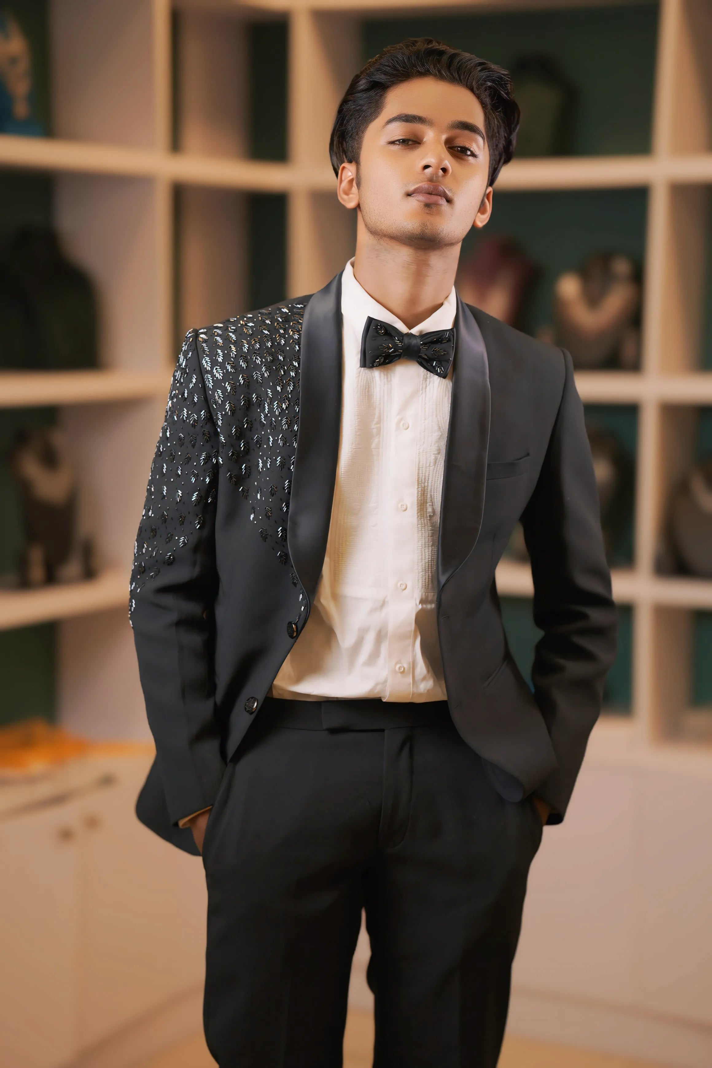 Black Asymmetric Sequin Tuxedo – Groom’s Cocktail & Reception Wear