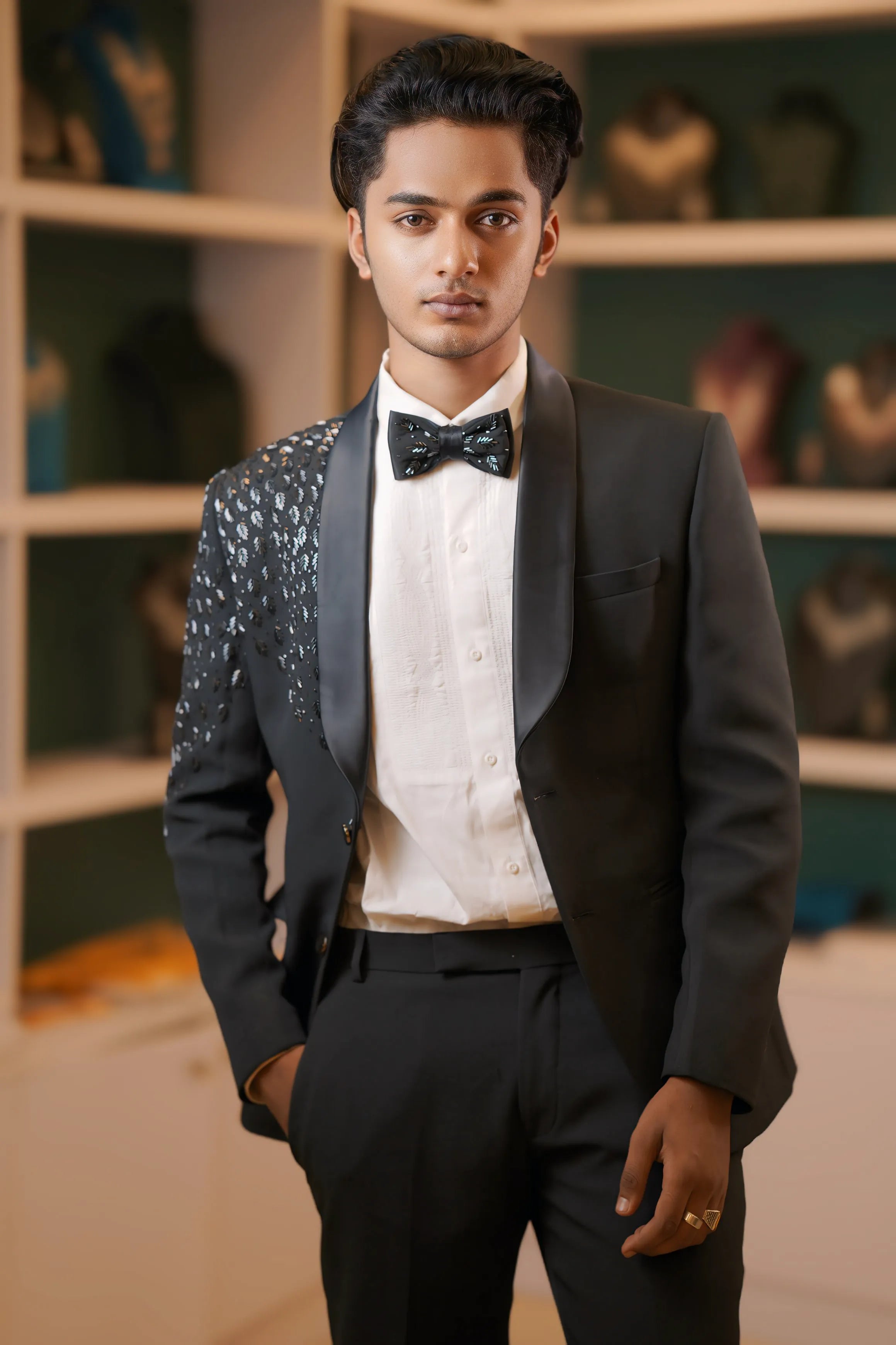 Black Asymmetric Sequin Tuxedo – Groom’s Cocktail & Reception Wear
