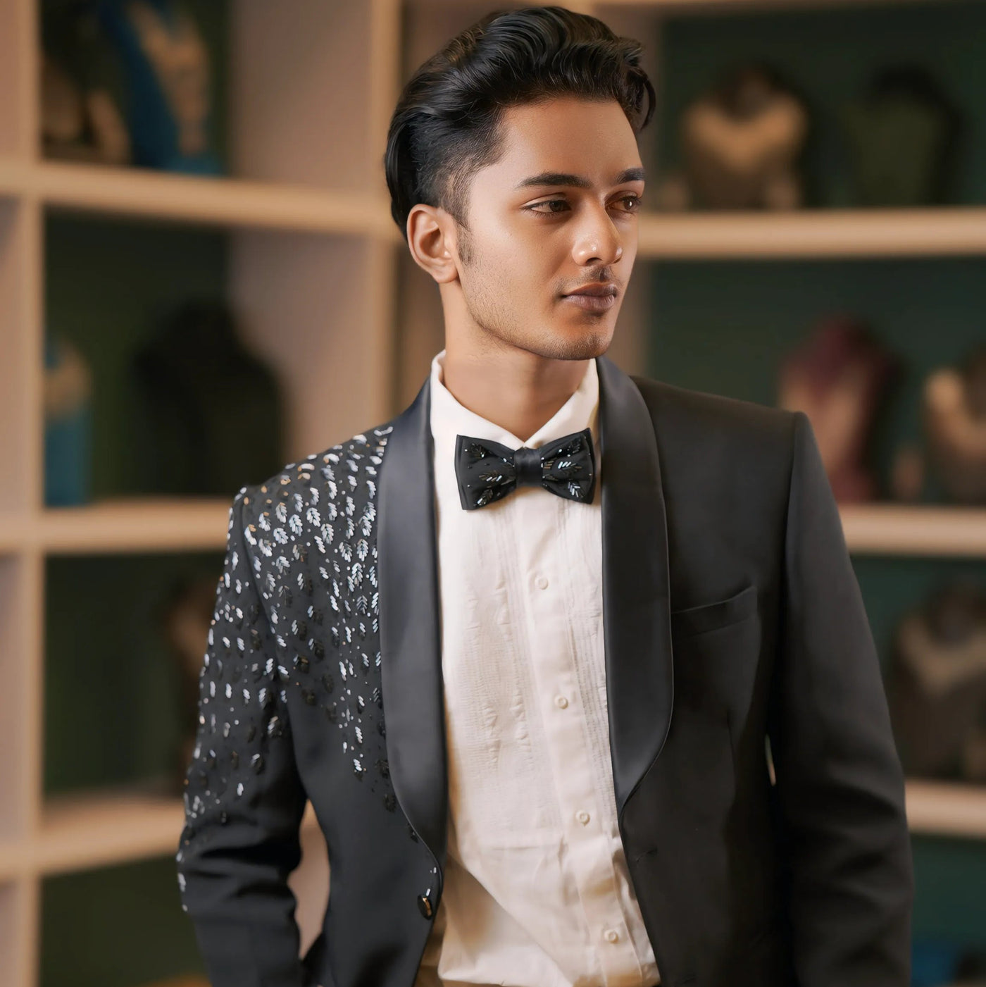 Black Asymmetric Sequin Tuxedo – Groom’s Cocktail & Reception Wear
