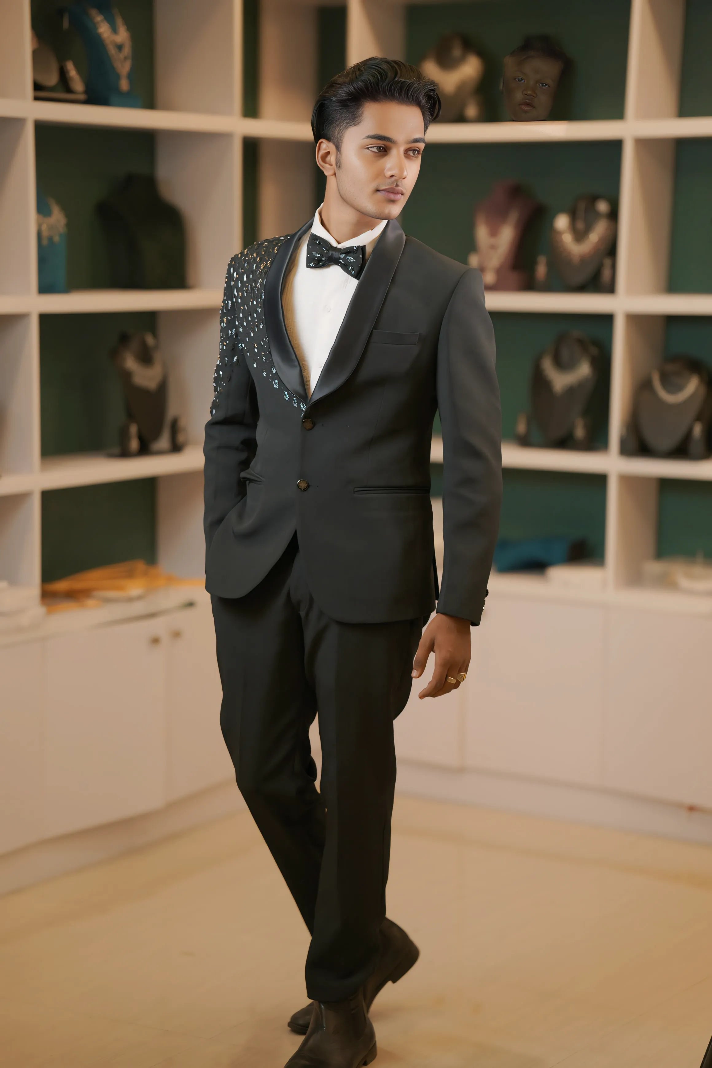 Black Asymmetric Sequin Tuxedo – Groom’s Cocktail & Reception Wear