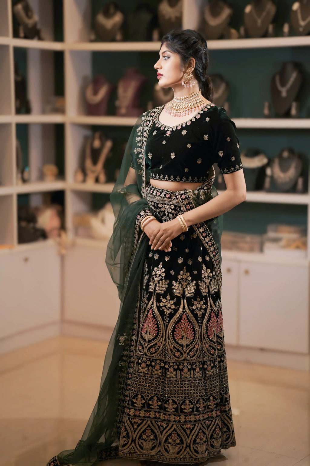 Green and Gold Embroidered Lehenga