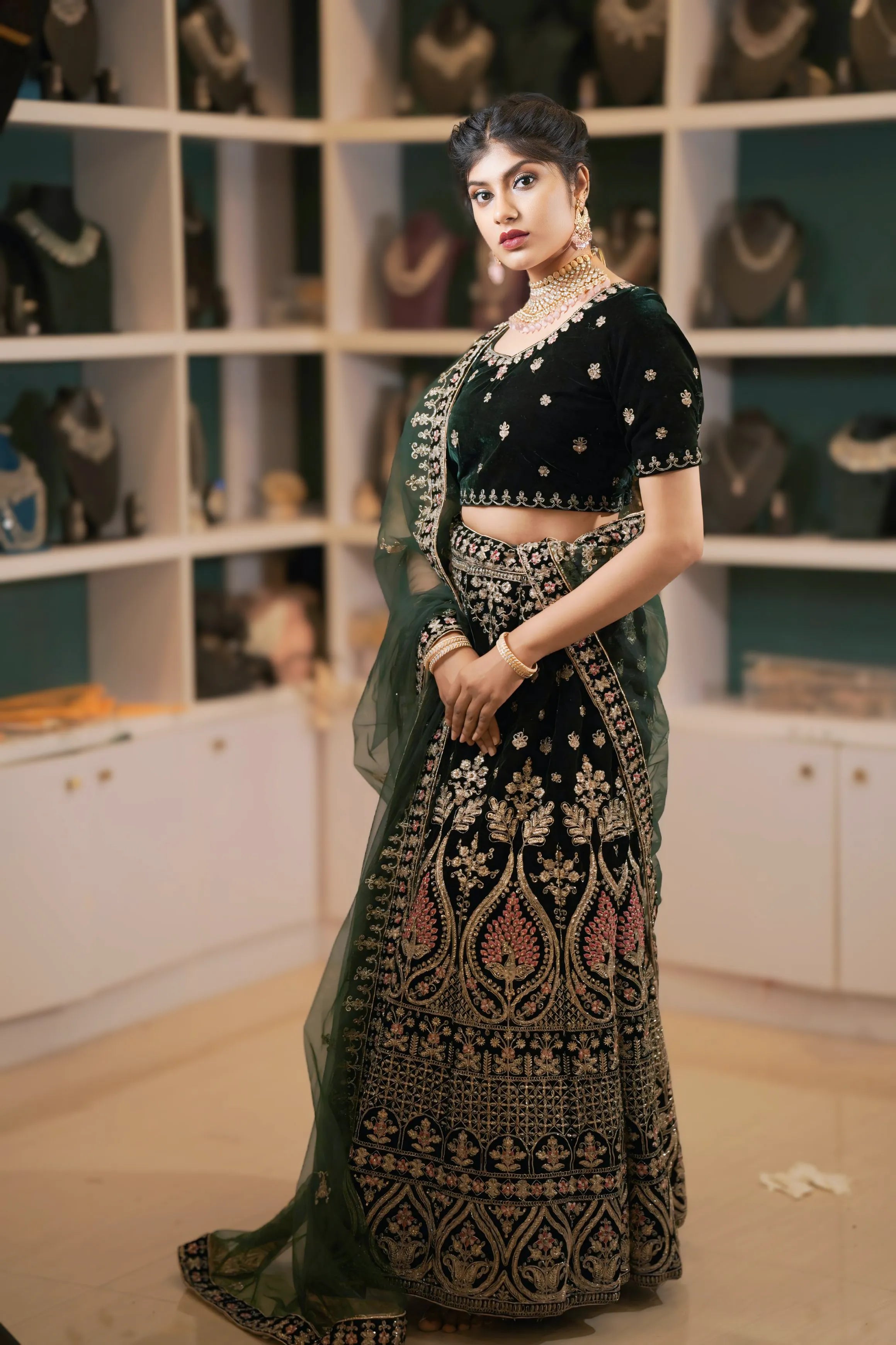 Green and Gold Embroidered Lehenga