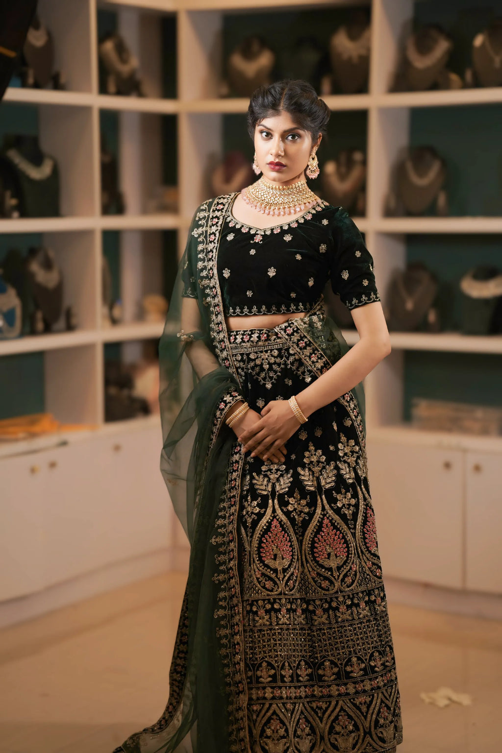 Green and Gold Embroidered Lehenga