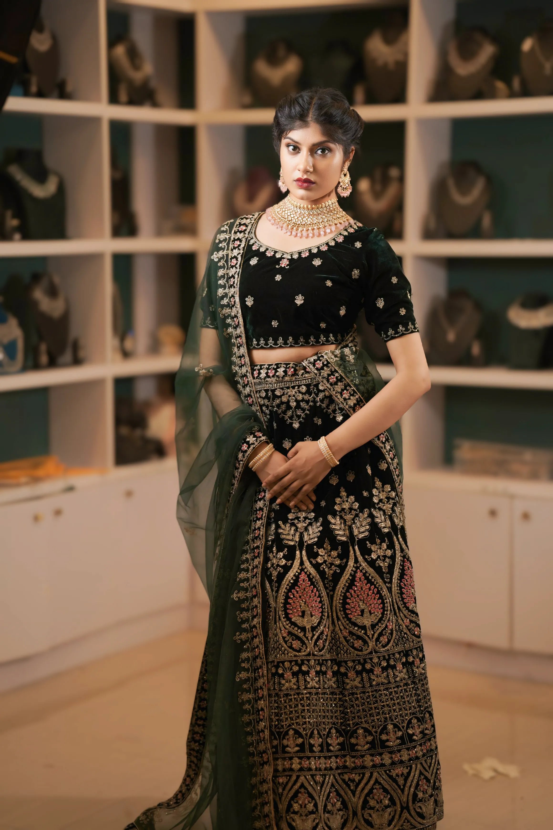 Green and Gold Embroidered Lehenga