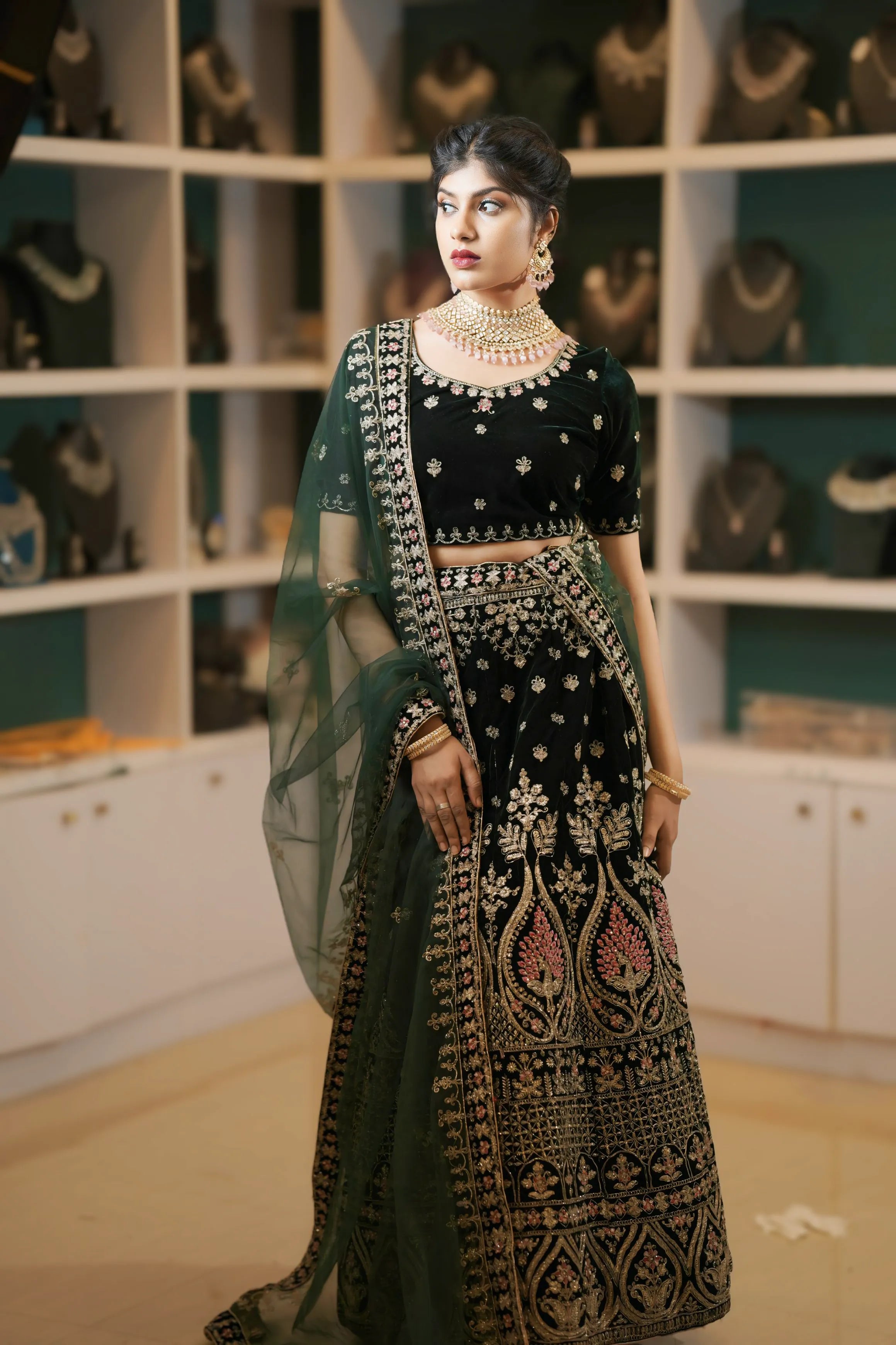 Green and Gold Embroidered Lehenga