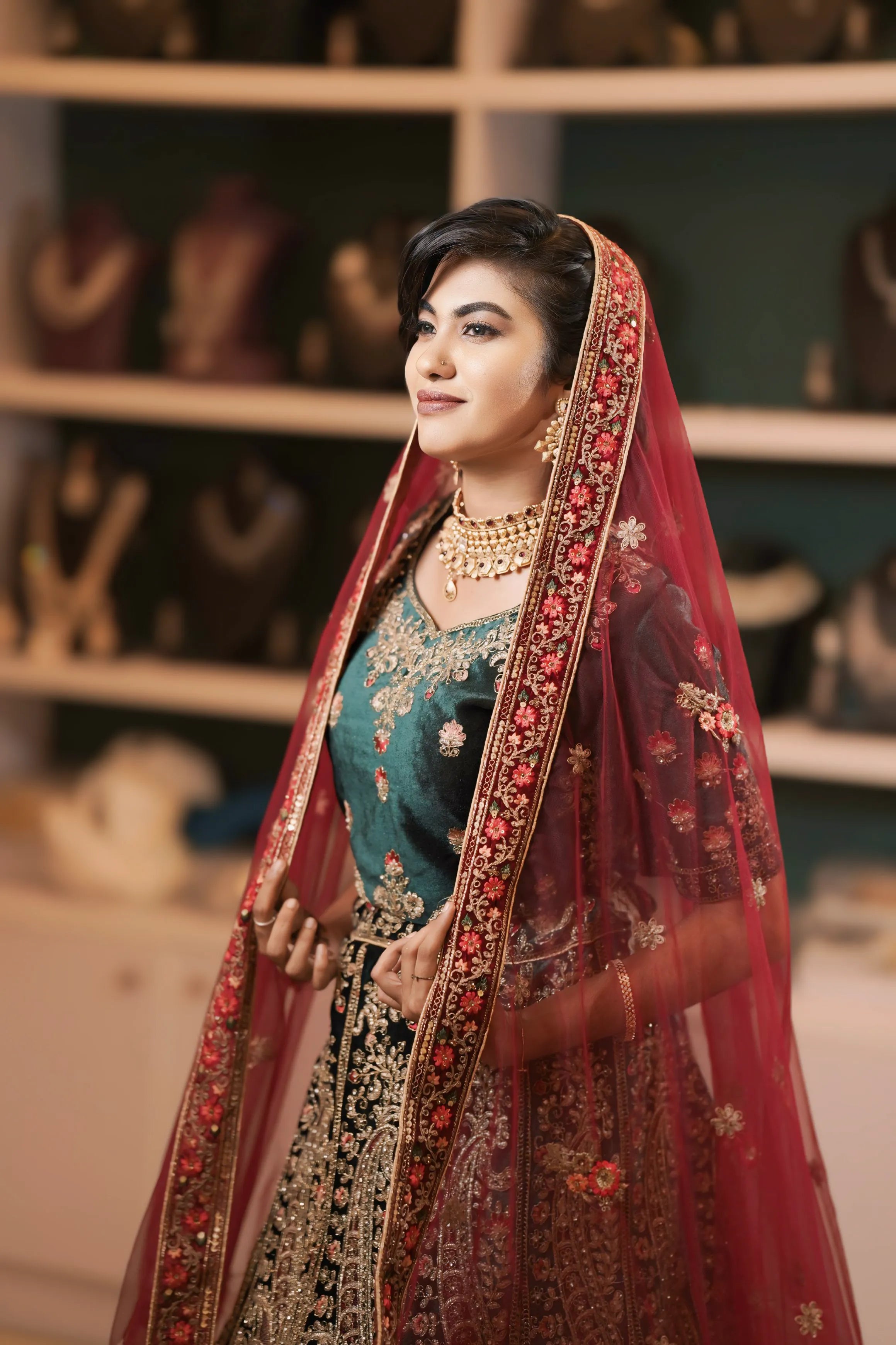 Teal Green & Maroon Bridal Lehenga