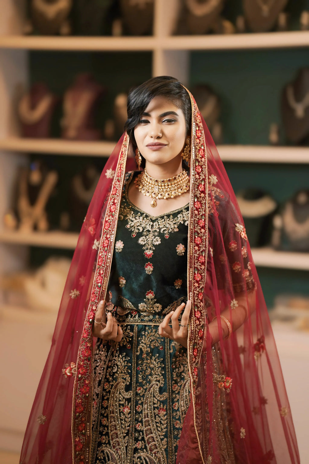 Teal Green & Maroon Bridal Lehenga