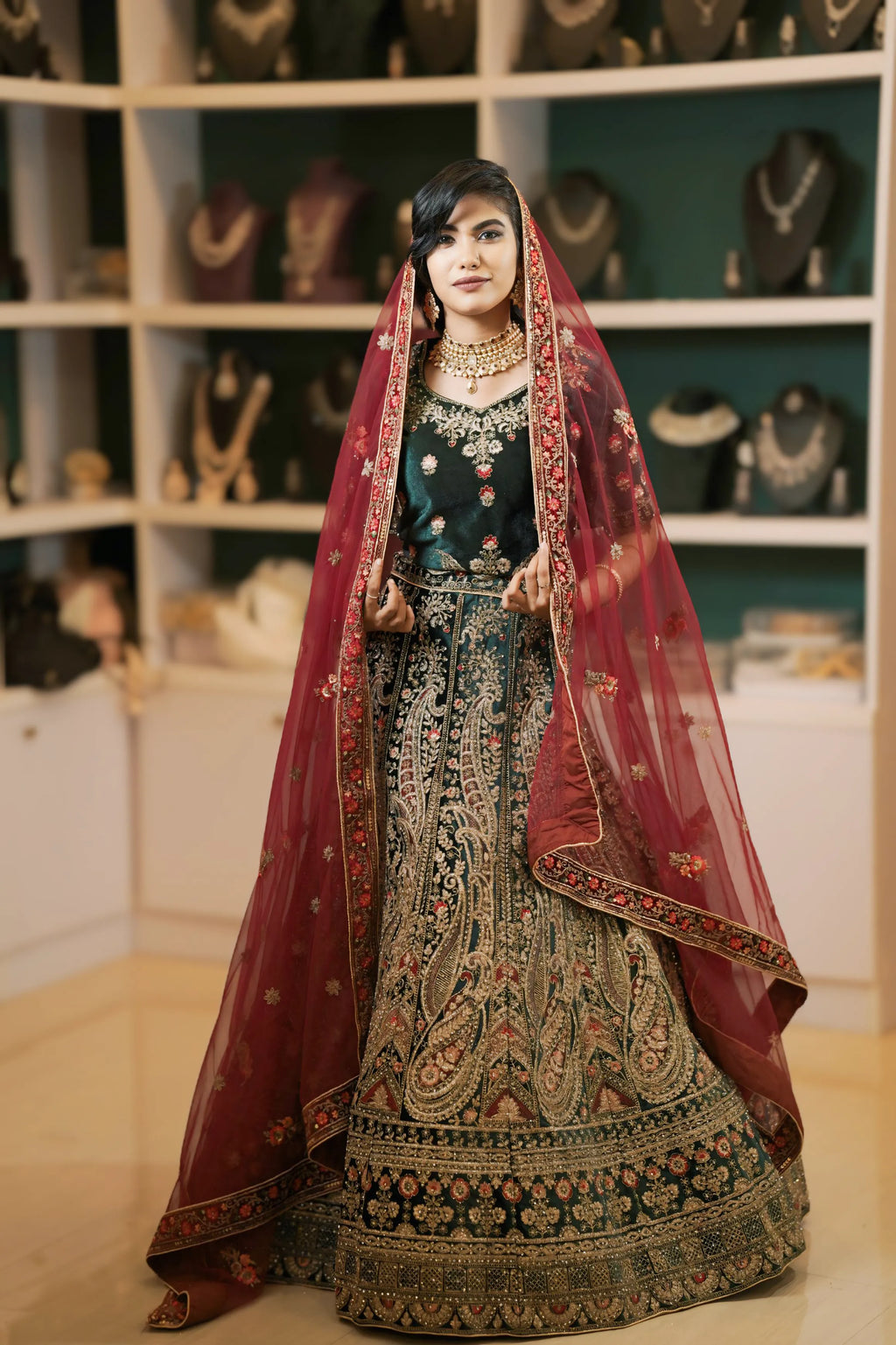 Teal Green & Maroon Bridal Lehenga