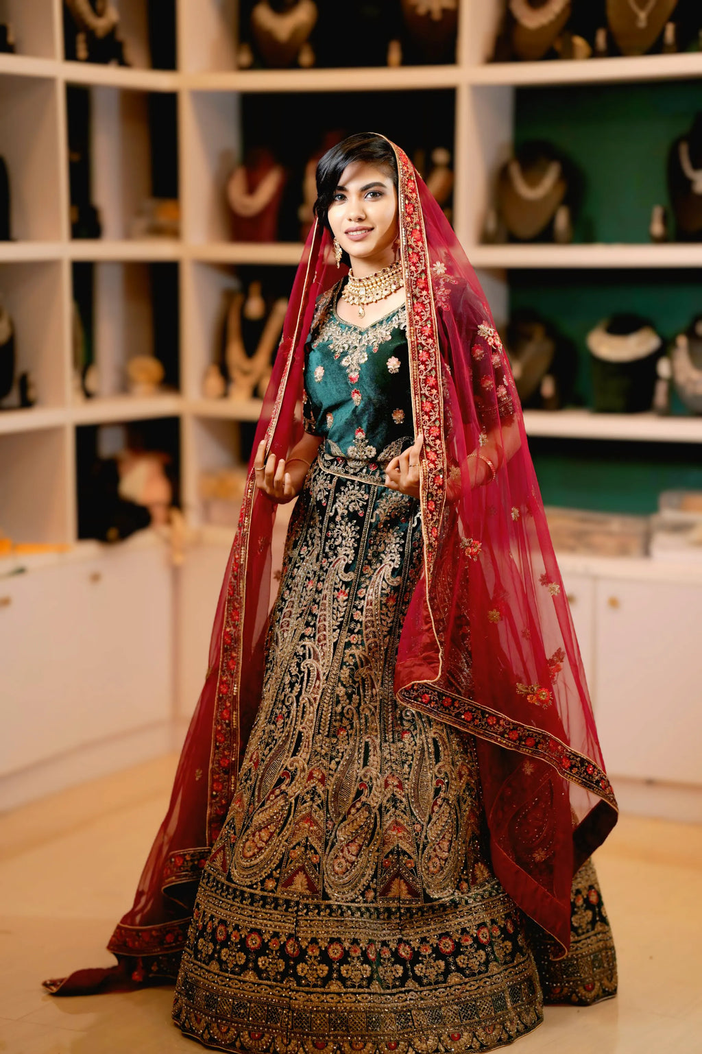 Teal Green & Maroon Bridal Lehenga