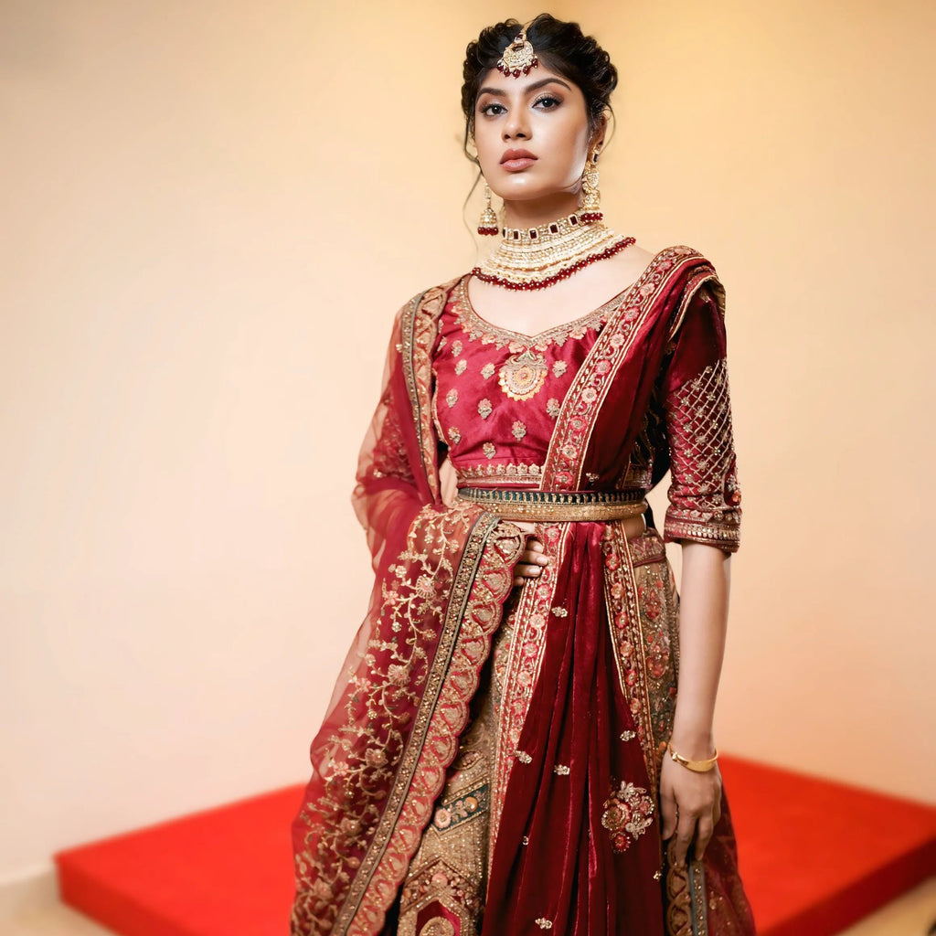 Maroon Velvet Bridal Lehenga