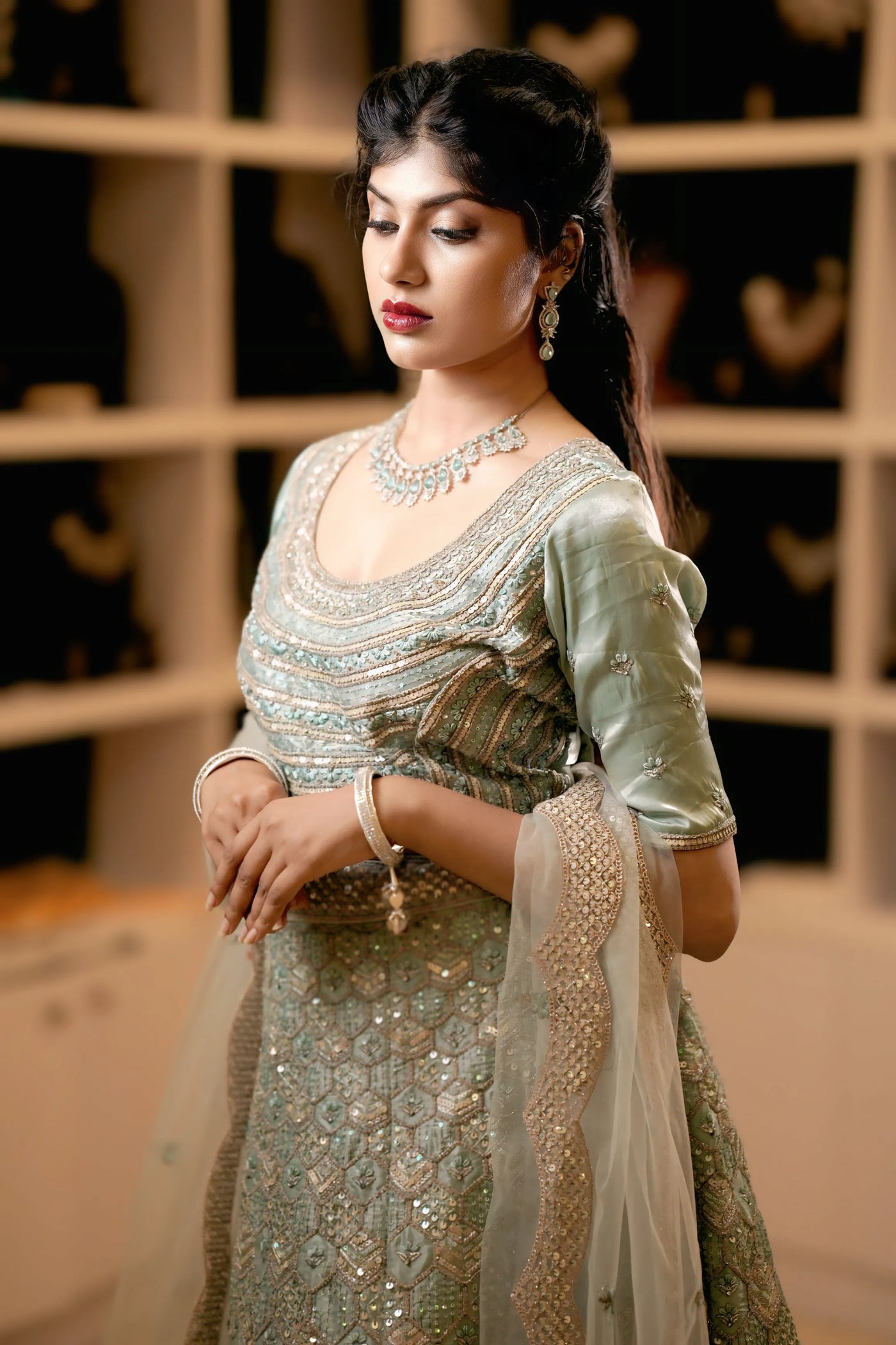Pastel Sage Green Embroidered Lehenga