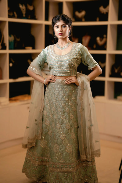 Pastel Sage Green Embroidered Lehenga