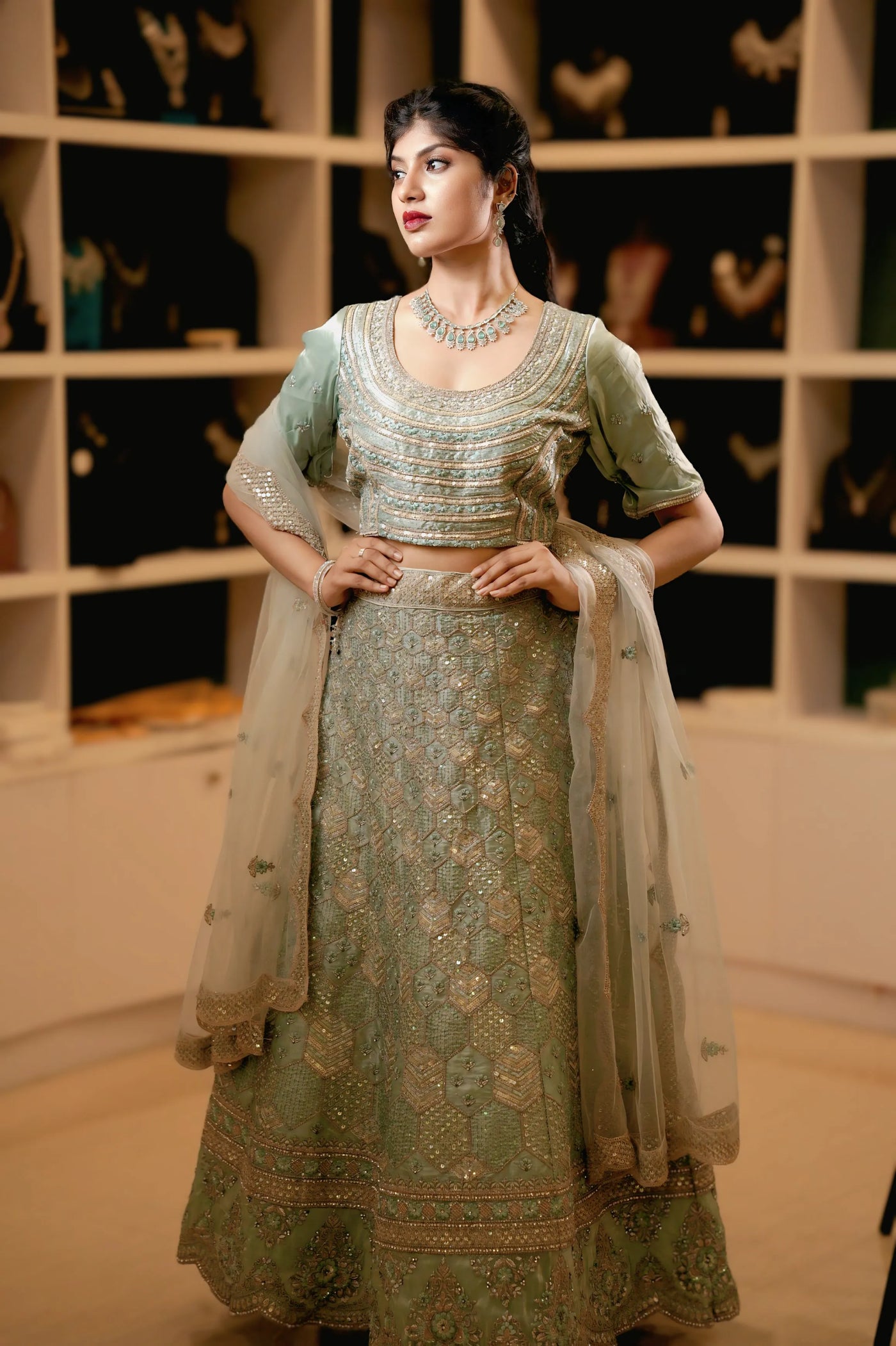 Pastel Sage Green Embroidered Lehenga