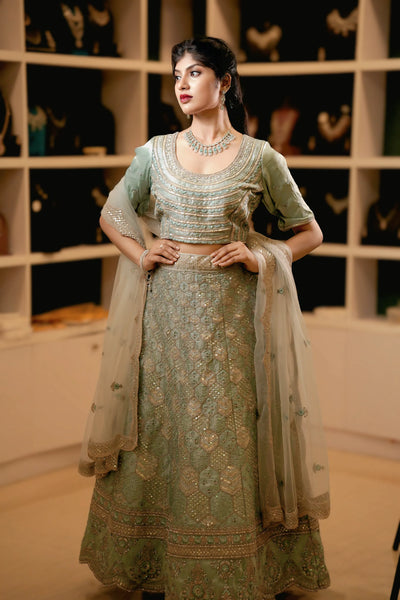 Pastel Sage Green Embroidered Lehenga