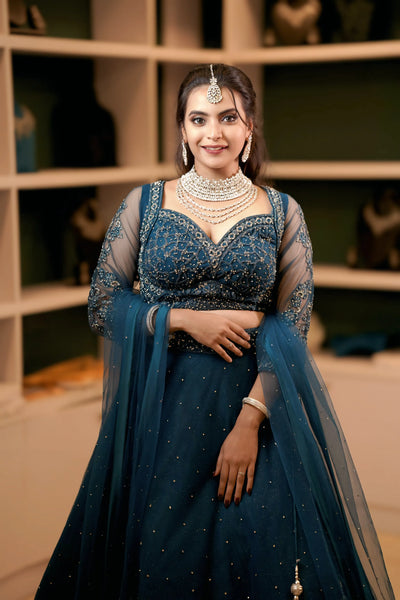 Teal Blue Sequined Net Lehenga