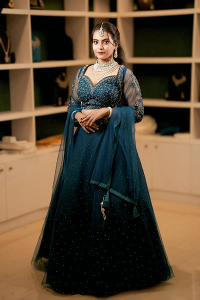 Teal Blue Sequined Net Lehenga