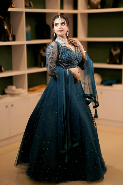 Teal Blue Sequined Net Lehenga