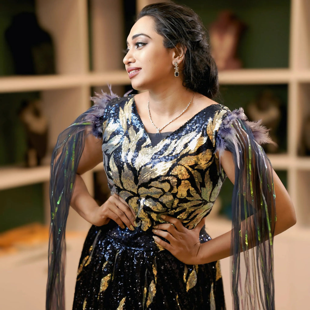 Black & Gold Sequin Crop Top Lehenga