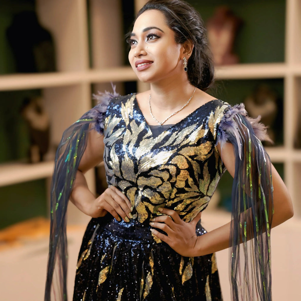 Black & Gold Sequin Crop Top Lehenga