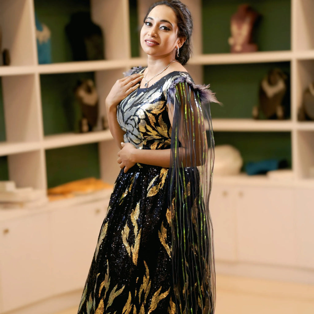 Black & Gold Sequin Crop Top Lehenga