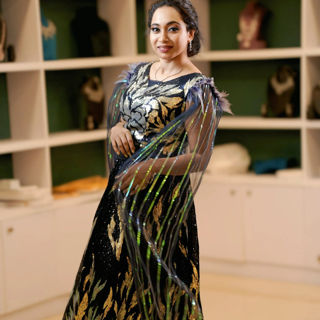 Black & Gold Sequin Crop Top Lehenga