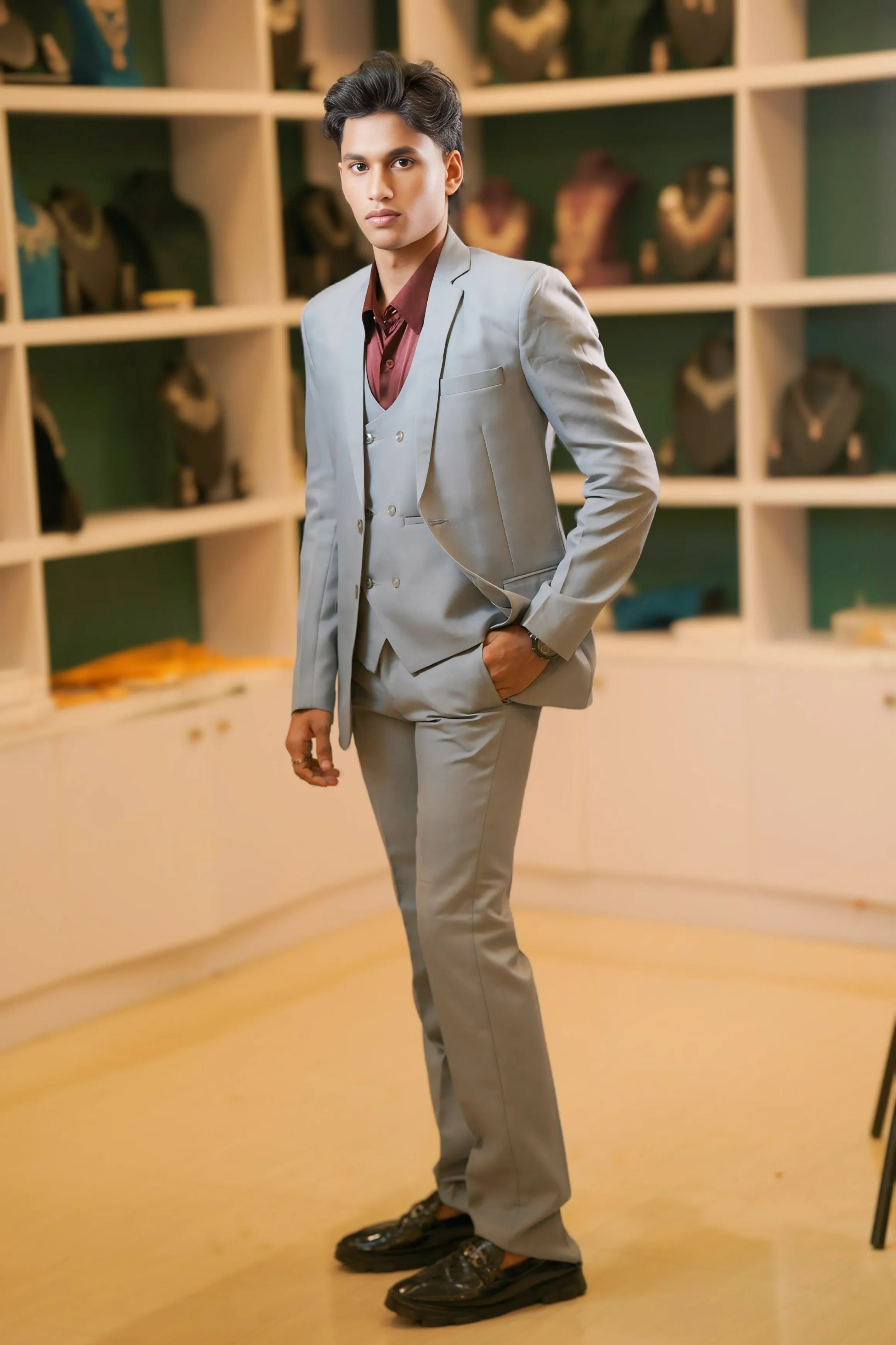 boy wearing Grey Three-Piece Suit