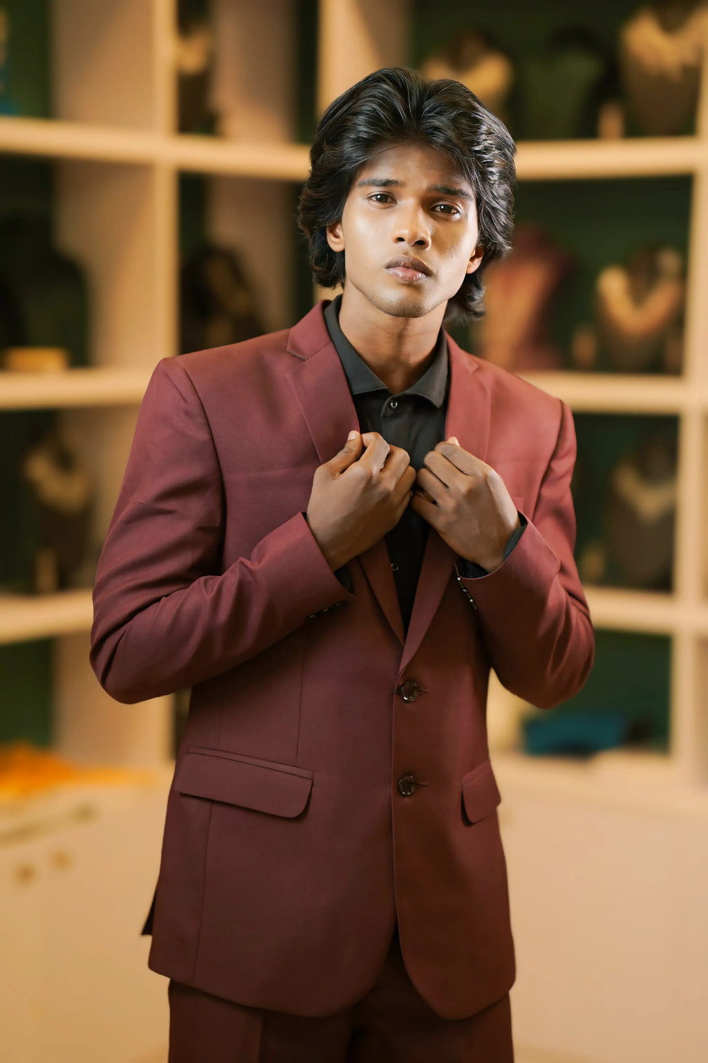 Boy wearing Rust Brown Suit with Black Shirt