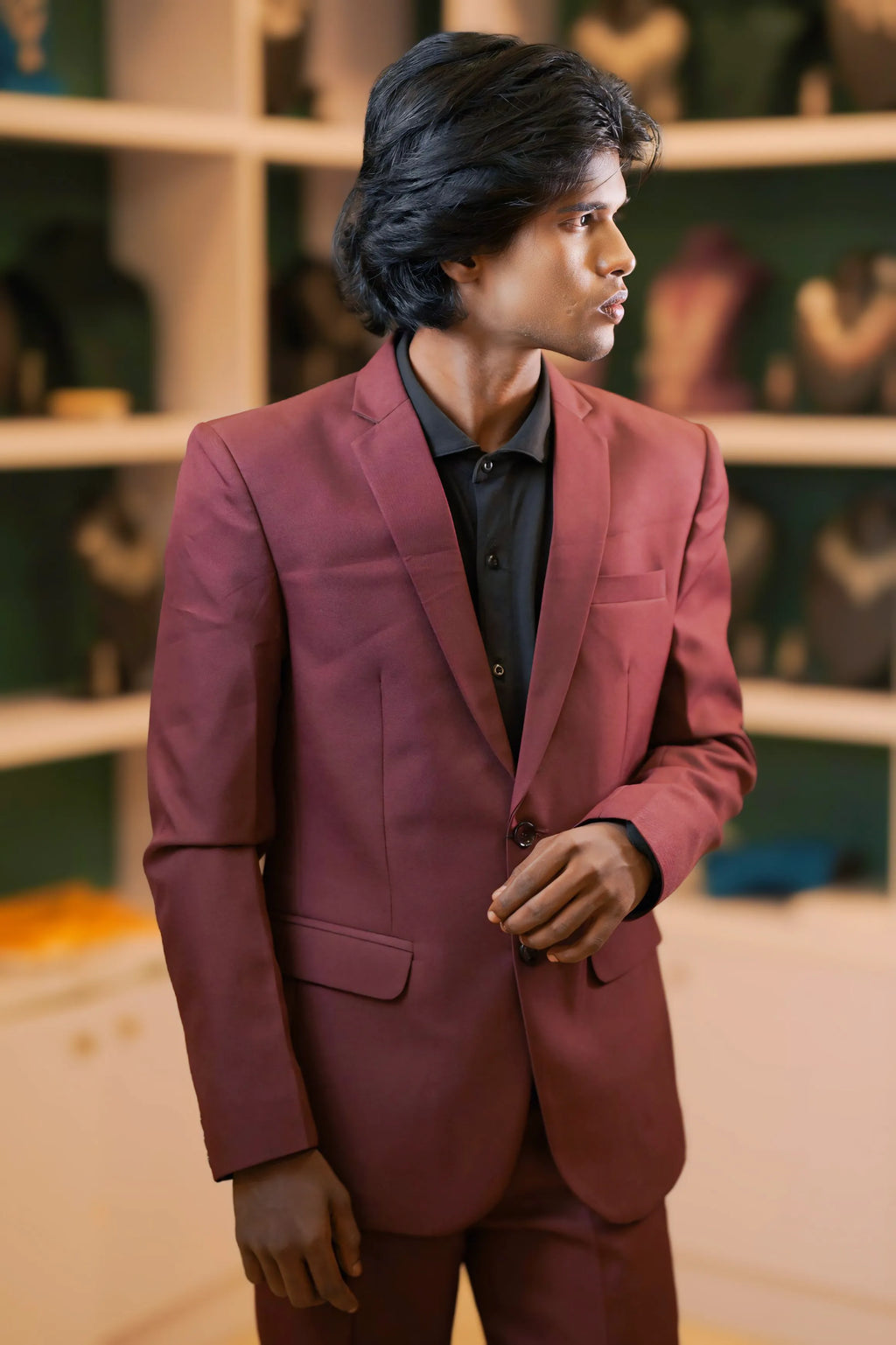 Boy wearing Rust Brown Suit with Black Shirt
